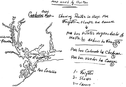 Cardenas map of Texas coast showing routes in bay for frigates, sloops and canoes.  Notes following this image have more explanation.