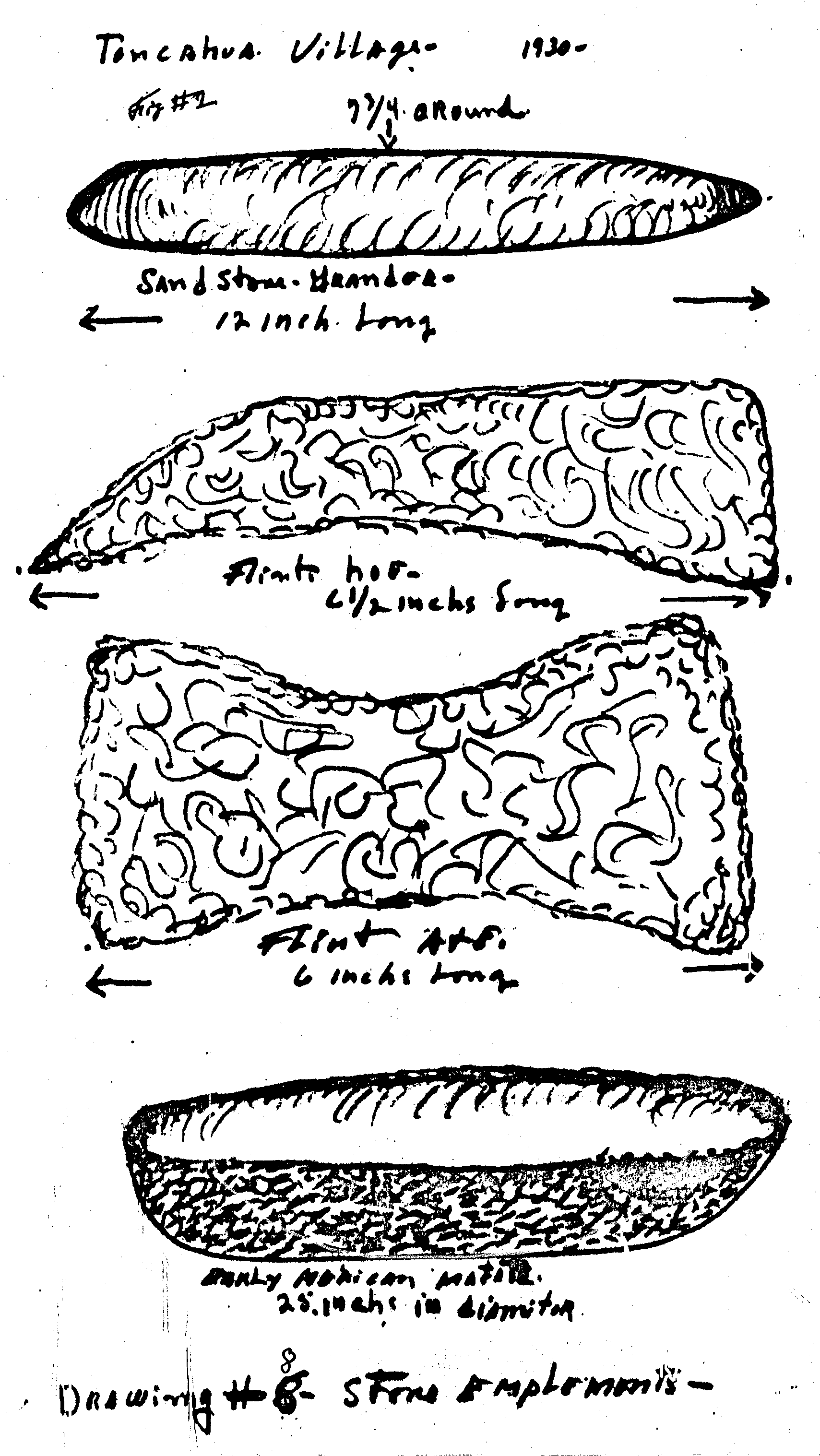 Drawing #8 - Stone implements found at Toncahua village excavation