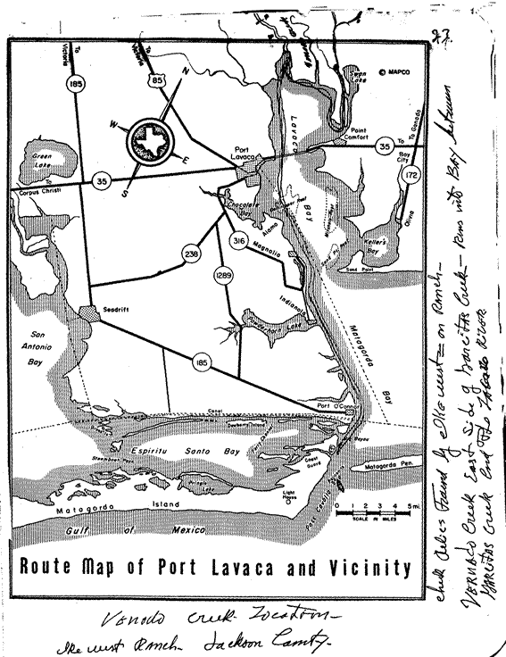 Route map of Port Lavaca and Vicinity marked showing Venado Creek location - see notations at the bottom of this image for more information