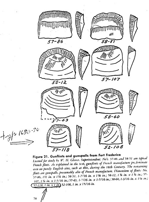 Photocopy of page showing gunflints and gunspalls from Fort Frederica