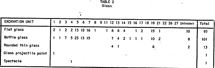 Table 2: glass (showing glass excavation information regarding type of glass found)