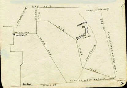 Handdrawn map showing the location of the cemetery.