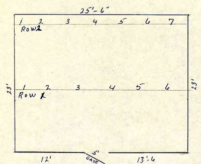 Handdrawn map of the Steiner Cemetery showing layout of rows and graves as described above.